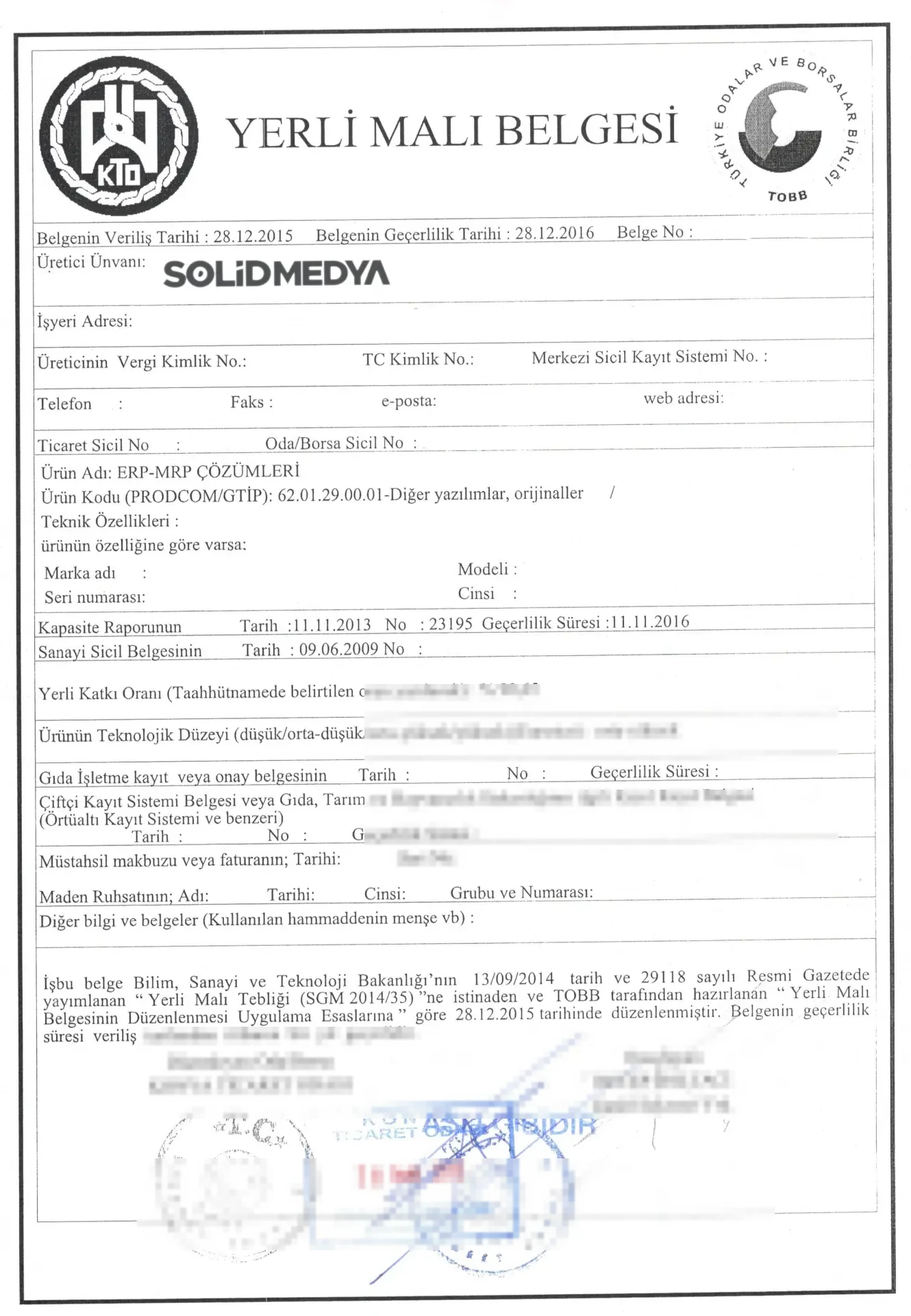 Solid Medya Yerli Malı Belgesi