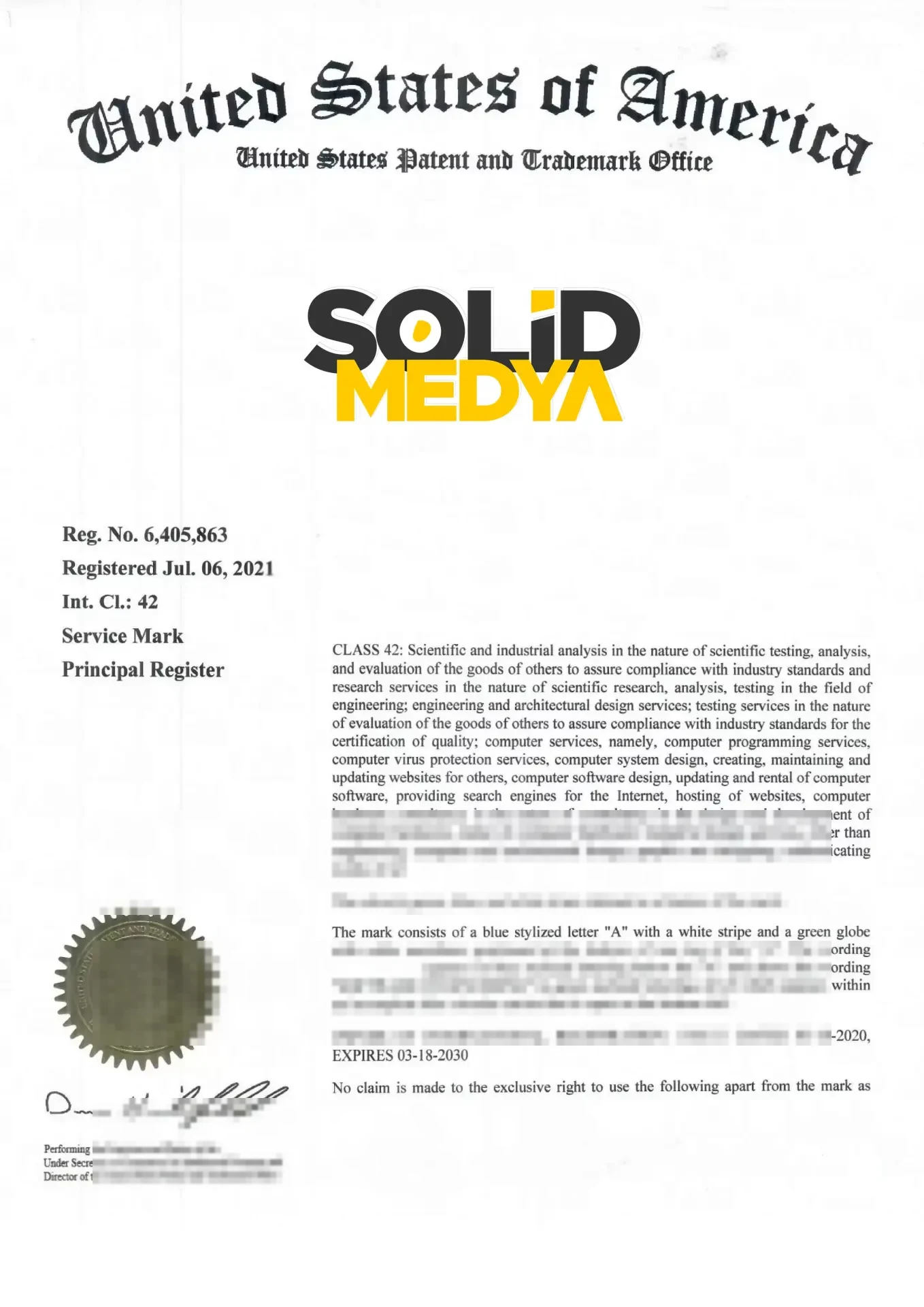 Solid Medya Marka Tescil Belgesi (ABD) belgesi